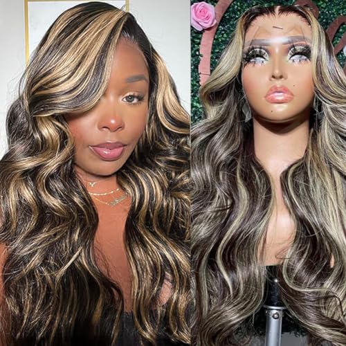 13x4 Lace Front Wig Human Hair Pre Plucked Ombre Lace Front Wig Human Hair 180% Density 1B/27 Highlight Wig Human Hair 32 Inch Body Wave HD Lace Frontal Wigs Glueless Wigs for Black Women
