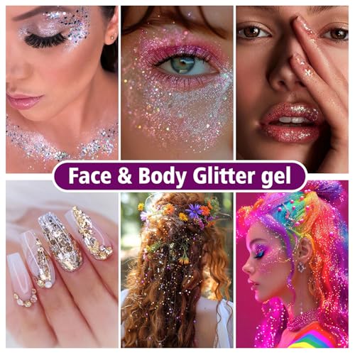 10 Colors Body Glitter,Face Glitter Makeup for Kids Women,Sparkly Chunky Hair Glitter for Eye Lip Hair Nails,Mardi Gras Glitter Makeup Face Paint,Singer Concerts Disco Rave Festival Accessories