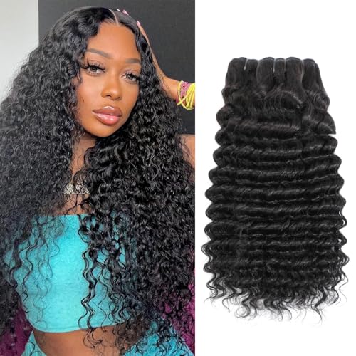 15A Raw Human Hair Deep Wave Bundles 20 22 24 Inch Deep Water Wave Bundles Human Hair Wet and Wavy Double Drown Weft Hair Extensions Natural Black Hair Bundle for Women