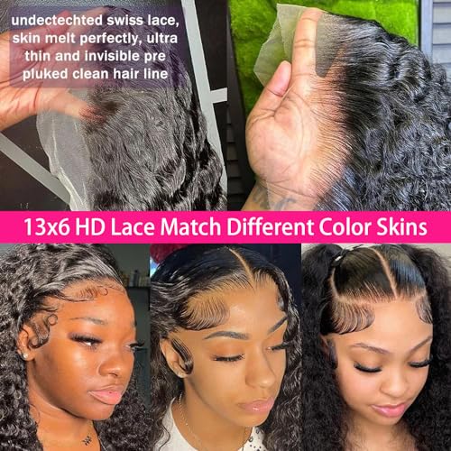 Bling Hair 13x6 Deep Wave Lace Front Wigs Human Hair 180% Density Glueless Wigs Pre Plucked Lace Frontal Wigs Human Hair HD Lace Frontal Wigs Natural Hairline Curly Wig for Women 34 Inch