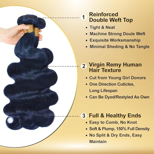 Dark Blue Body Wave 4x4 HD Transparent Lace Closure with Bundles, 12A 100% Brazilian Virgin Hair, Soft Glossy Thick, Perfect for Quick Weave Sew-In Styles 16 18 20 Inch + 4x4 Closure 16 Inch