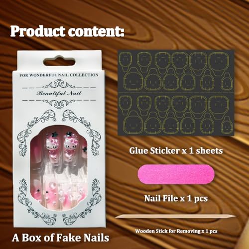 24Pcs Pink Coffin Nails Press on Nails Long Coffin Fake Nail with 3D Heart Pearl Star Charms Design Nail Art Gems Diamond Pink Acrylic Nail Art Supply Full Cover Stick on Nails Art for Women