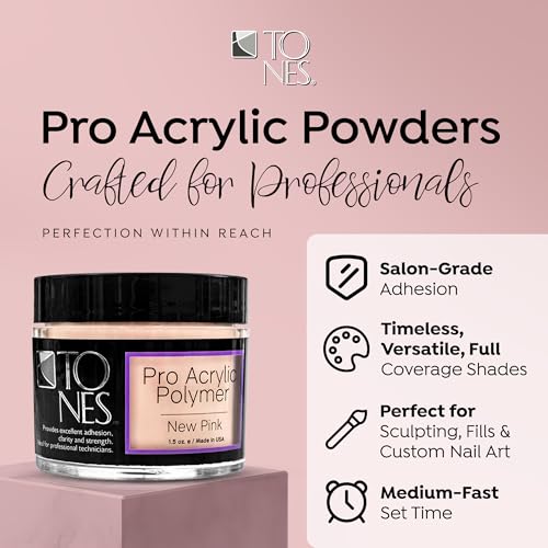 Tones Pro Acrylic Nail Powder, New Pink (Fresh Peach-Toned Pink), (3.5 Fl Oz) - Long-Lasting & Non-Yellowing Polymer for Salon Quality Nail Extensions & 3D Art