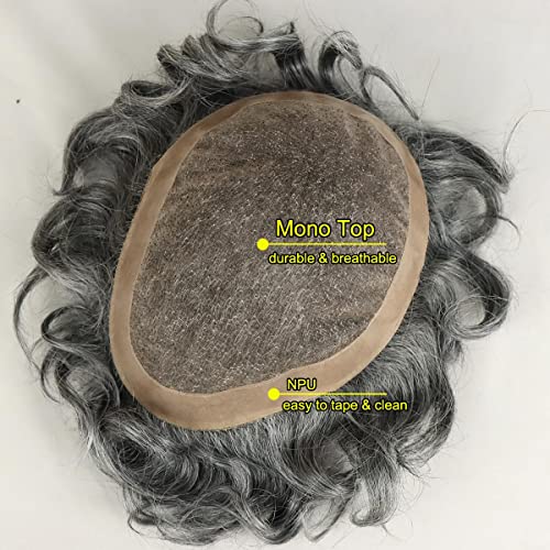 Mens Hair System for Men Toupee Human Hair Piece Fine Mono Top with NPU around Men's Wig European Hair Protesis Capilar Hombre 1B OFF Black Mix 60% Gray hair(10x8,1B/60)