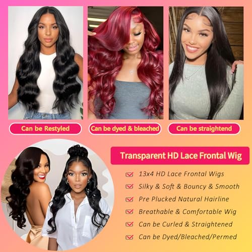 13x4 Body Wave Lace Front Wigs Human Hair for Women 180% Density HD Lace Front Wigs Human Hair Pre Plucked Natural Hairline Brazilian Virgin Glueless Wigs (30 Inch)