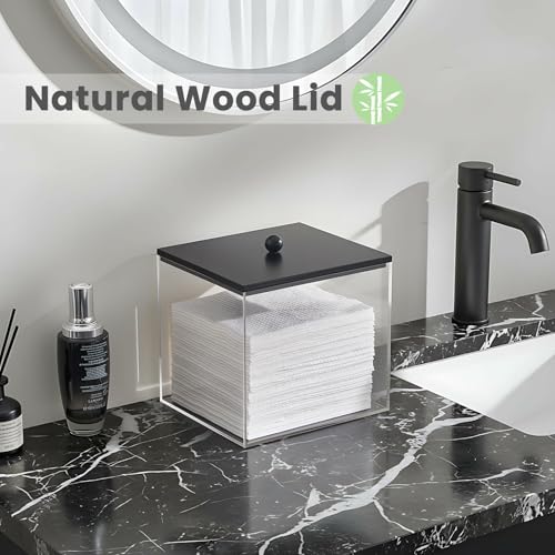 Puricon Acrylic Disposable Facial Towels Holder, Clear Storage Bin with Wood Lid Compatible with Clean Skin Club Towel (NOT Included), Face Towelettes Container for Bathroom Counter -Black