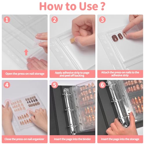CGBE Press On Nail Organizer: Upgraded Dust & Crush-Resistant Protection, Removable D-Ring Binder Pages, Press On Nail Storage with Nail Tape