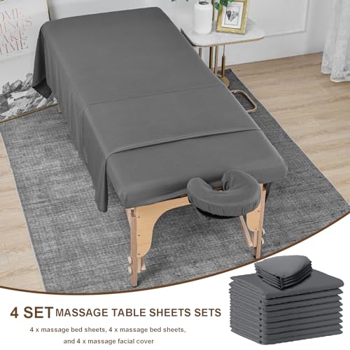4 Set Massage Table Sheets Sets, 12Pcs Reusable Soft Microfiber Massage Bed Sheets Sets Bulk Includes Massage Table Cover Massage Fitted Sheet and Massage Face Rest Cover for Salon Spa