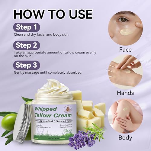 Beef Tallow for Skin, Organic Tallow Face Moisturizer, Whipped Grass Fed Beef Tallow Balm Cream for Skin Care Face Body, Deep Hydrate and Nourish Dry Skin, Lavender - 4 oz