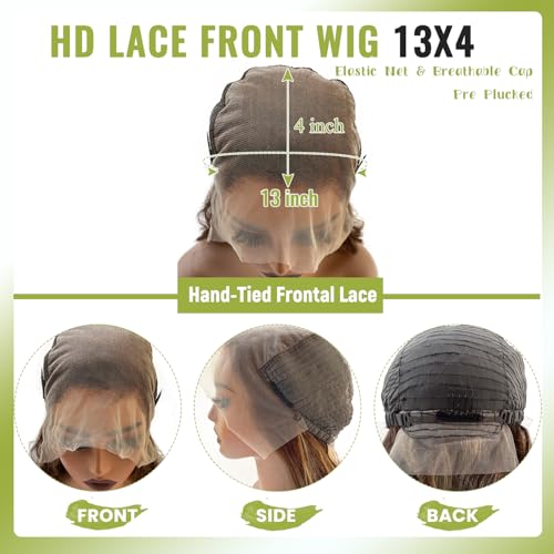 Ombre Lace Front Wigs Human Hair 13x4 Highlight 4/27 Body Wave Wig Pre Plucked Honey Brown Blonde Wig Human Hair with Free Part 180% Density Glueless Colored Wig for Women 32 Inch