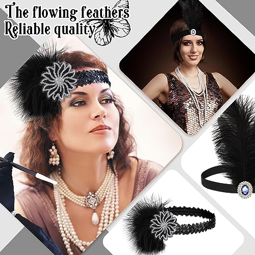 Ceenna 24 Pcs 1920s Flapper Headbands Roaring 20s Black Feather Headpiece for Women 1920s Hair Feather Accessories Birthday Party Hair Costume Decorations