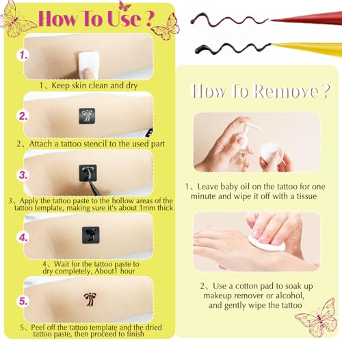 126 PCS Temporary Tattoos Stencils Kit,Temporary Tattoos Kit - 6 Pcs 2 Color(Brown Black) Ink with Gloves,DIY Body Art Painting for Women Men Adults Kids