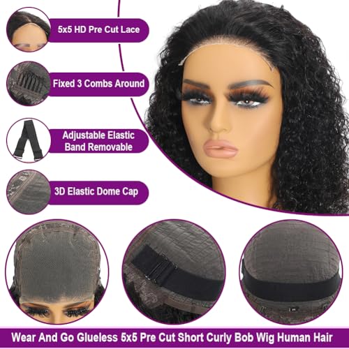 Curly Bob Wigs Human Hair 10 Inch Pre Plucked Pre Cut 5x5 HD Lace Closure Wigs for Black Women Wear and Go Glueless Wig Bob Hair Deep Wave Lace Front Short Curly Wigs 180 Density Natural Black