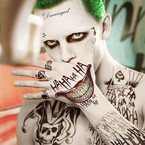 6 Sheets The Joker Temporary Tattoos For Halloween Makeup Kit, Suicide Squad Joker Tattoos Stickers For Women Men Adults, Damaged Tattoo Joker Hand Smile Face Poker Prisoner Costume Skull Set