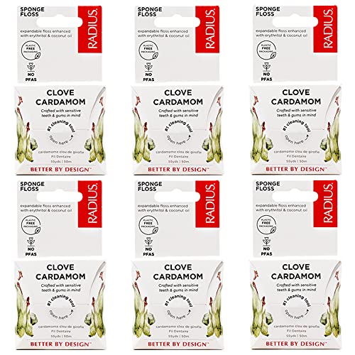 RADIUS Dental Floss, Sponge Floss, Clove Cardamom, 55 Yards, Vegan & Non-Toxic Oral Care Designed to Help Fight Plaque, Pack of 6