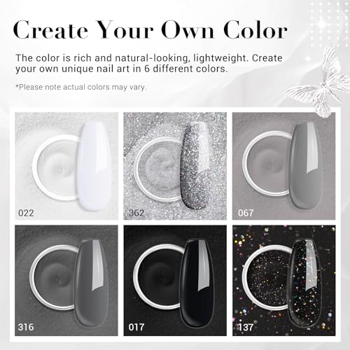 AZUREBEAUTY Dip Powder Nail Basic Set White Black Silver Grey Pure Sparkle 6 Colors All Seasons Dipping Powder Starter Kit French Nail Art Manicure DIY Salon for Women, No Need Nail Lamp Cured