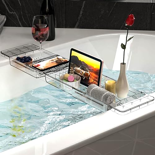 Expandable Bathtub Tray,Clear Plastic Anti-Slip Bath Tub Shelf Caddy Tray,Luxury Bathtub & Bathroom Accessories for Relaxing Spa,Suitable for bathtubs with an Internal Width of up to 29.5 inch