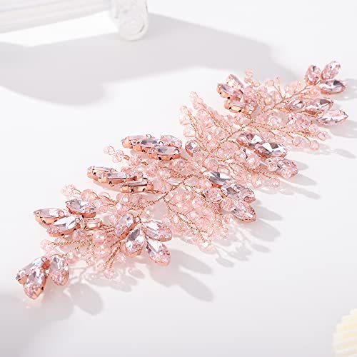 Teyglen Women's Handmade Bridal Hair Vine with Pink Rhinestones and Crystals, Large Headpiece for Brides and Girls
