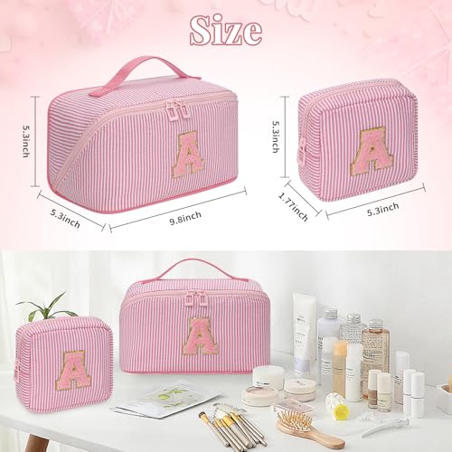 Travel Makeup Bag for Women, 2Pcs Portable Personalized Initial Makeup Organizer Bag, Open Flat Large Cosmetic Bag With Travel Essential Pouch (Pink Letter R)