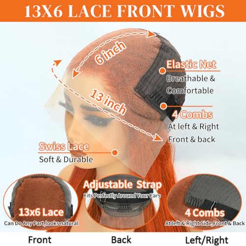 32 Inch Ginger Orange Wig Human Hair 13X6 Lace Front Wigs Human Hair 200% Density 350 Colored Straight HD Transparent Lace Frontal Wigs Brazilian Virgin Wigs for Women Pre Plucked