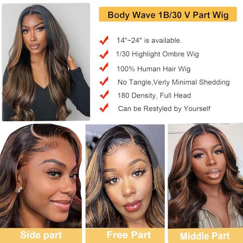 V Part Wig Human Hair Body Wave 1B/30 Highlight Ombre Wigs for Black Women Wear and Go Glueless Human Hair Wig Upgrade U Part Wigs No Sew in No Glue Beginner Friendly 180% Density 24 inch