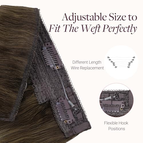 GOO GOO Wire Hair Extensions Human Hair, 4/27/4 Chocolate Brown with Caramel Blonde Balayage 12inch 70g, Invisible Wire Hair Extensions with Transparent, Seamless Fish Line Hairpiece