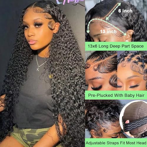 32 Inch 13x6 Deep Wave Lace Front Wigs Human Hair 13x6 HD Lace Front Wigs Human Hair Pre Plucked Glueless Frontal Wigs Human Hair Deep Curly Wig for Women 200 Density