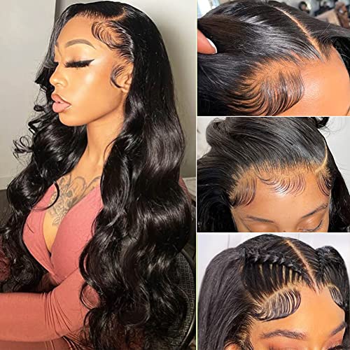 Wingirl 220 Density HD Lace Front Wigs Human Hair Pre Plucked 13x5 Transparent Body Wave Lace Frontal Wig with Baby Hair 12A Glueless Human Hair Wigs for Women Black Color 24 Inch