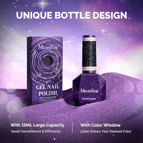 MelodySusie Galaliver Glitter Gel Nail Polish, 15ML Sparkly Shimmer Gel Polish Soak Off UV LED Cured Long Lasting Gift for Women DIY Nail Design Nail Art Manicure Colorful Black X10