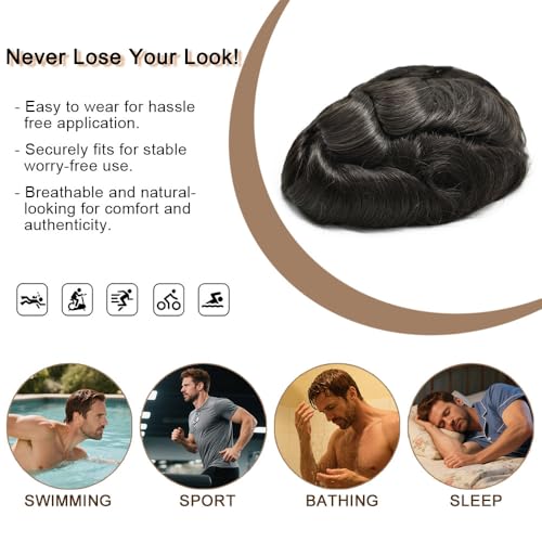 Toupee for men Hair Replacement System European Men Hairpiece 8X10 Full Poly Mens Toupee Durable Thin PU 0.1-0.12mm Male Prothesis Hair Unit 1B# OFF BLACK,8X10'' 120% Medium Light to Medium Density
