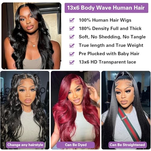 Body Wave Lace Front Wigs Human Hair 13x6 HD Lace Frontal Wigs Human Hair for Women Pre Plucked with Baby Hair Natural Hairlin 34 Inch 180% Density
