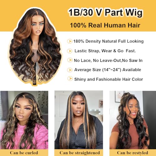 V Part Wig Human Hair Body Wave 1B/30 Highlight Ombre Wigs for Black Women Wear and Go Glueless Human Hair Wig Upgrade U Part Wigs No Sew in No Glue Beginner Friendly 180% Density 24 inch