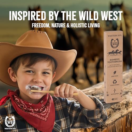 Western SOL Horse Bristle Bamboo Toothbrushes (4-Pack) ? Luxury Toothbrush - Plastic-Free, Biodegradable, Eco-Friendly ? No Chemicals