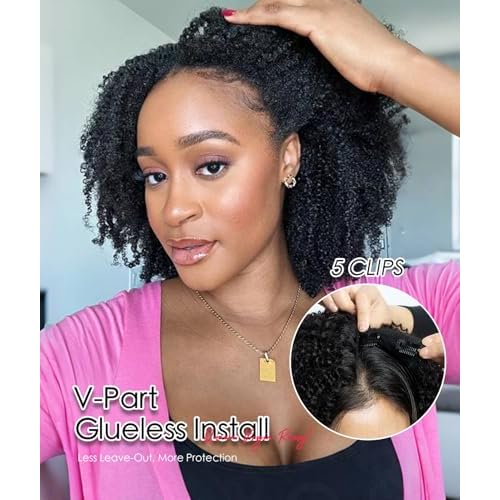 QUEEN VIRGIN REMY QVR Lace V-Part Wig Human Hair Kinky Curly No Leave Out V Shape Full Head Clip In Half Wig with Drawstring Natural Black Curly U Part Human Hair Wig for Black Women 18 Inch