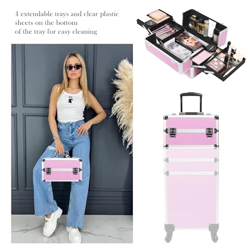 5 in 1 Professional Makeup Train Case Aluminum Cosmetic Case Rolling Makeup Case ExtraLarge Storage Organizer with Key Swivel Wheels Salon Barber Case for Make Up Nail Hairstylists, Pink