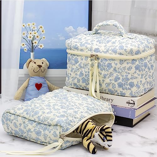 PAZIMIIK Quilted Makeup Bag Large Travel Zipper Soft Cosmetic Pouch for Women Girls Make Up,Little Flower Blue