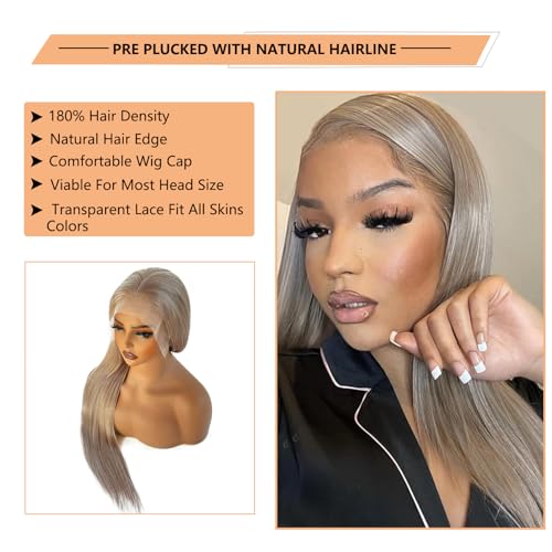 13x6#Ash Blonde Lace Front Wigs Human Hair Pre Plucked 180 Density HD Transparent Straight Lace Frontal Wigs Human Hair for Women,10A Glueless Wigs with Natural Hairline,Champagne Blonde