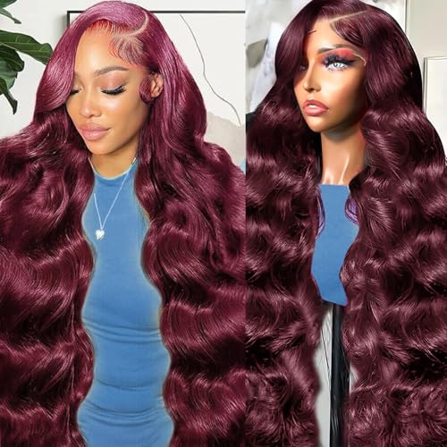 26 Inch 99J Burgundy Lace Front Wigs Human Hair Pre Plucked 200% Density Body Wave Lace Front Wigs Human Hair Red Wig HD Transparent Full Frontal 13x6 Glueless Colored Natural Wig For Woman