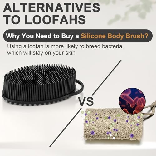 Metene Silicone Exfoliating Body Scrubber with Loop, Body Scrubber for Men and Women, Silicone Loofah for Shower, Soft Silicone for Shower and Bath Skincare Routine (Black)