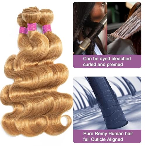 Vallbest Honey Blonde Bundles Human Hair #27 Body Wave Bundles 16 18 20 Inch 3 Bundles 100% Unprocessed Brazilian Virgin Hair 12A Virgin Raw Remy Weave Human Hair Extensions for Women