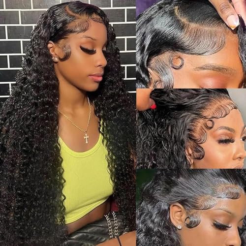 Deep Wave Lace Front Wigs Human Hair 13x6 HD Transparent Lace Front Wigs Human Hair 250% Density Deep Curly Human Hair Wig Pre Plucked Deep Wave Frontal Wigs Natural Color 32 Inch
