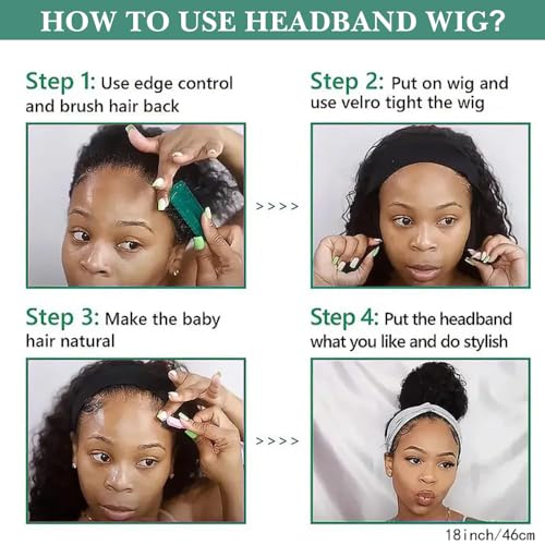 Zealady Human Hair 180 Density Yaki Straight Headband Wigs for Black Women, 14 Inch