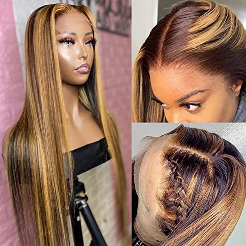 Lemoda Outlet Deals 13x6 Highlight Ombre Lace Front Wig Human Hair 180 Density 28 Inch Straight Transparent Lace Pre Plucked Honey Blonde Human Hair Wigs for Women P4/27 Color
