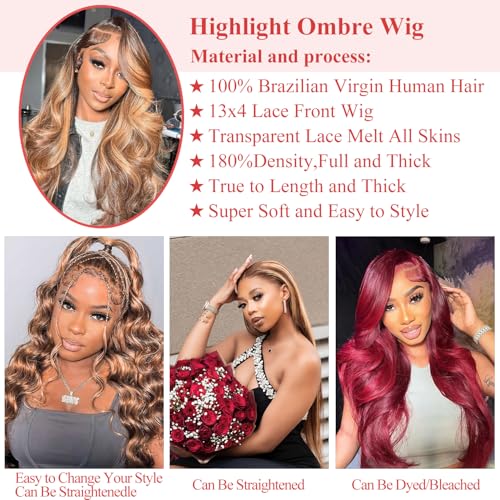 13x4 Body Wave Ombre Lace Front Wigs Human Hair for Women 180% Density HD Transparent Lace Front Honey Blonde Wig Human Hair Pre Plucked with Baby Hiar 4/27 Color Glueless Wigs Human Hair 22inch