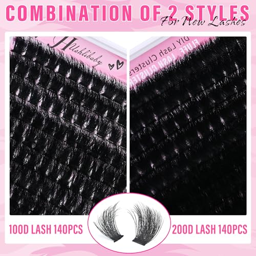 Lash Clusters 100D+200D Mega Thick Lashes Clusters 12-22mm Wispy Individual Thick Volume Lashes Cluster Eyelash Extensions 280Pcs DIY Lash Extension at Home, by Hushlibaby(Plant Fiber)