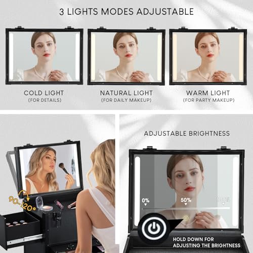 Rolling Makeup Case with lighted mirror, Cosmetology Case on Wheels with LED Mirror, Professional Salon Trolley Cart with Drawer,Travel Makeup Lockable Beauty Organizer with Live Stream Light