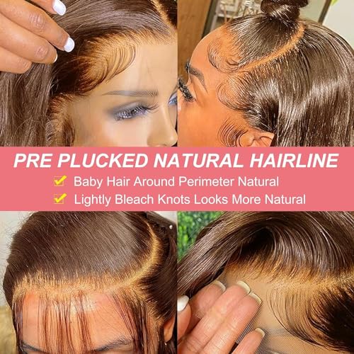 Wonder Girl 28 Inch Chocolate Brown Lace Front Wig Human Hair Pre Plucked, 13x6 Straight Frontal Wigs Human Hair Hd Lace, Glueless Lace Front Wigs Human Hair Colored With Baby Hair