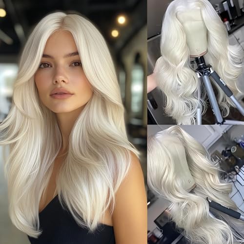 Platinum Champagne Blonde Wig Human Hair Pre Plucked Body Wave Silver Ash White 613 Blonde UHD Transparent T Part Lace front Wigs For Women Real Human Hair 20 Inch 180% Density