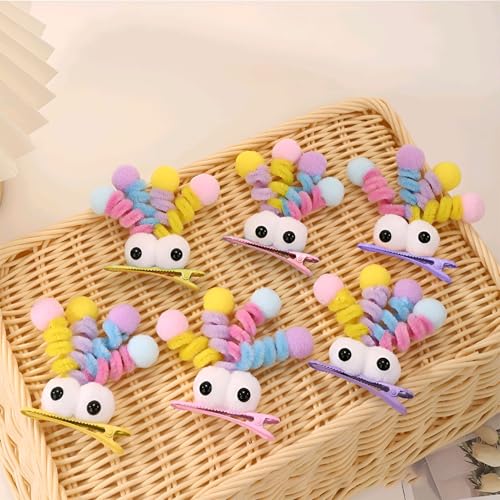 MIUPOO Fluffy Pom Poms Hair Clips,Crazy Hair Day Accessories for Girls,Quirky Little Monster Barrettes,Plush Duckbill Hairpins Hair Barrettes,Party Modeling Hair Accessories,2 Pieces,Pink eyes