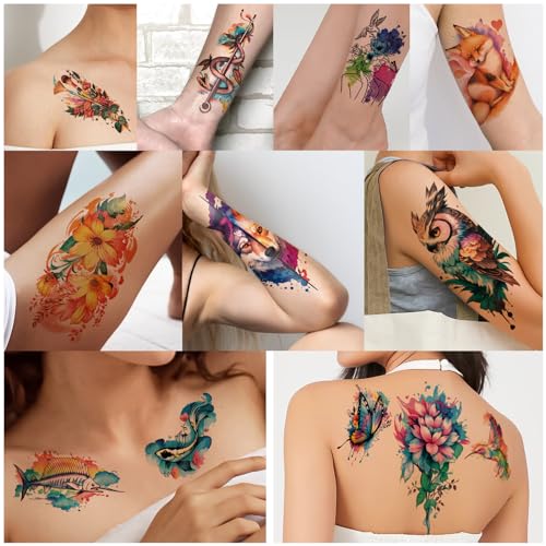 77 Sheets Temporary Tattoo, 17 Sheets Half Arm Flower Lion Tiger Cat Owl Parrot Fake Tattoos for Adults Shoulder Neck, 60 Sheets Tiny Waterproof Temporary Tattoos Realistic for Women Girls and Kids